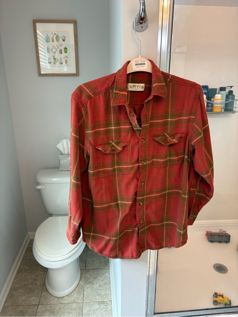 Orvis Men's M Plaid Button Down Shirt Rustic Red Green 100% Cotton Long Sleeve